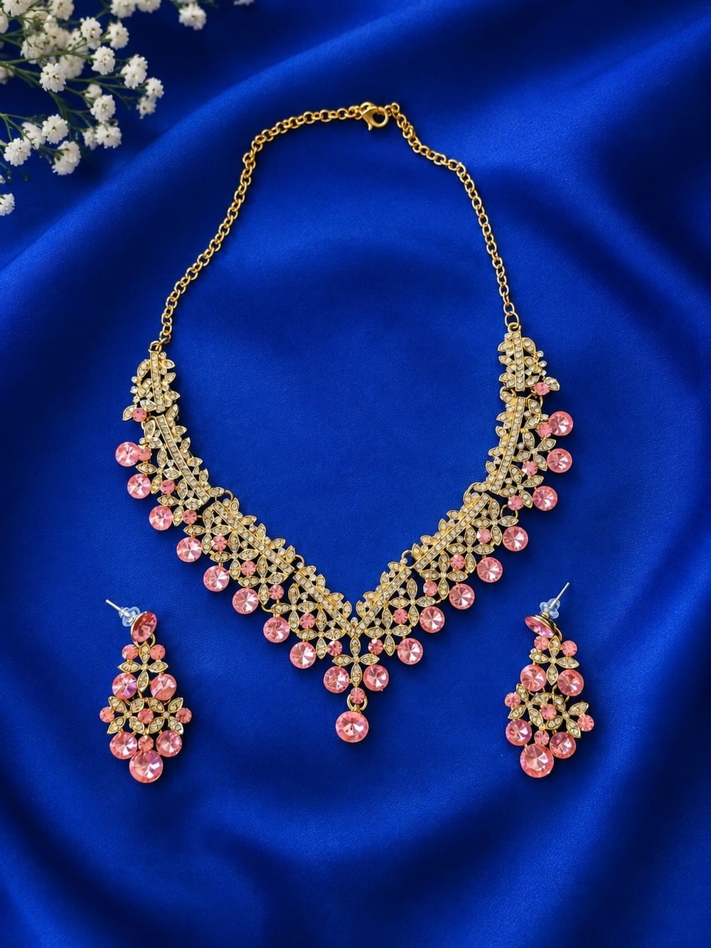 Gold Plated Pink Crystal Statement Necklace & Earring Set